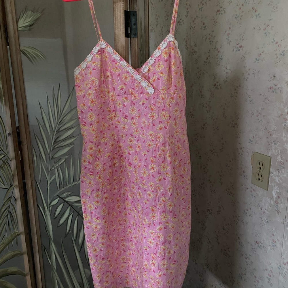 Strappy Pink and Yellow Floral Dress with White Trim